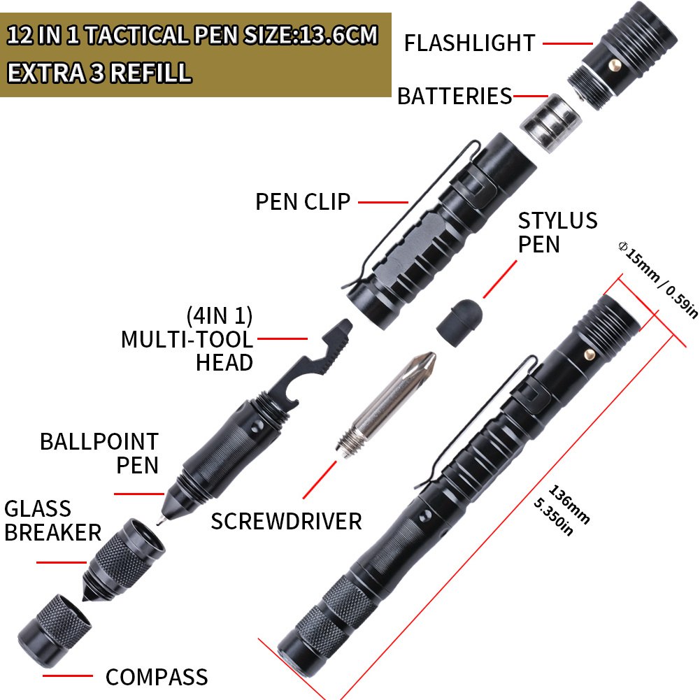 High Quality Pen Style Pocket Tactical EDC Multi Knife Bottle Opener Screwdriver Wrench Serration Knife Flash Light