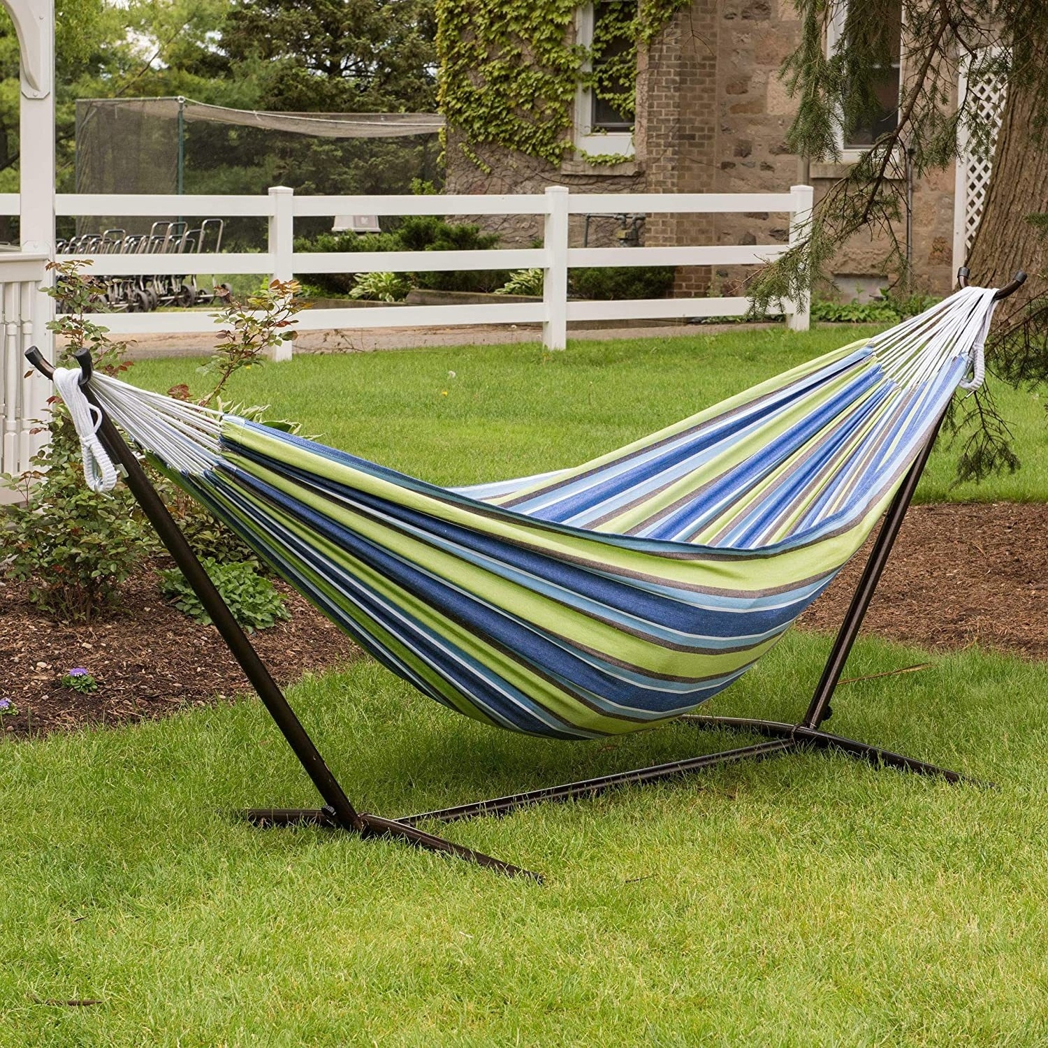 Modern Cotton Fabric Two-Person Garden Hammocks with Space-Saving Steel Stand for Outdoor and Living Room Use