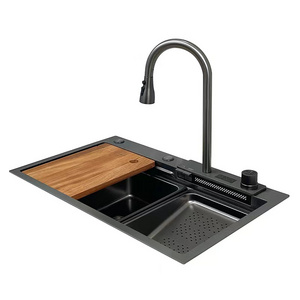 modern kitchen with double bowl wash vegetables multipurpose waterfall faucet kitchen sink