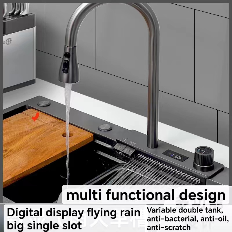 modern kitchen with double bowl wash vegetables multipurpose waterfall faucet kitchen sink