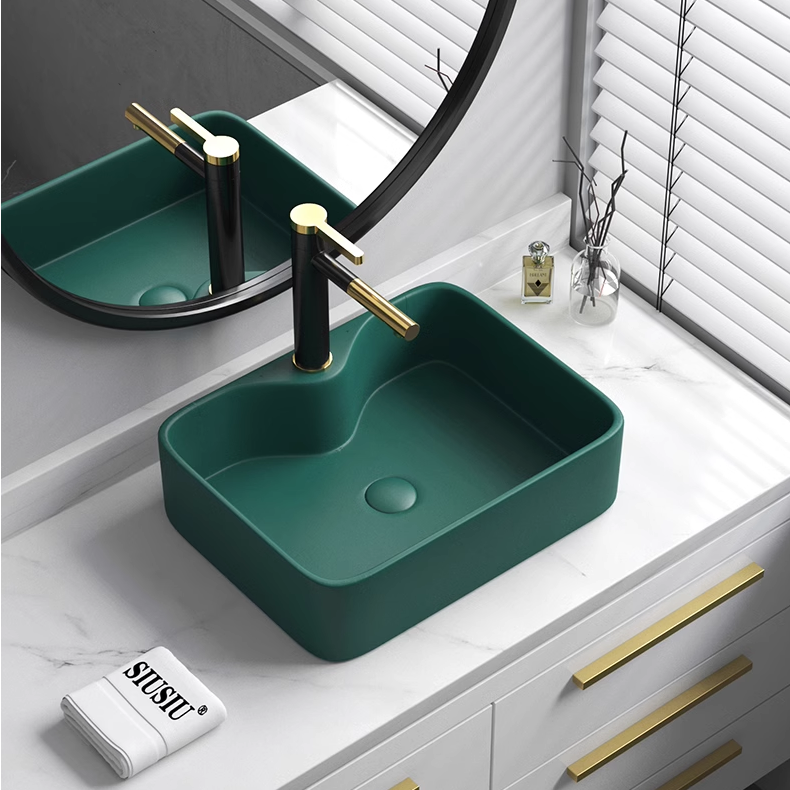 bathroom for hotel square modern counter top sink with hand art designs  gold colored ceramic sanitary wares wash basin