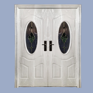 Security Door Modern Exterior Arched Double Iron Main Oval Stained Tempered Glass Entry Steel Front Entrance Door