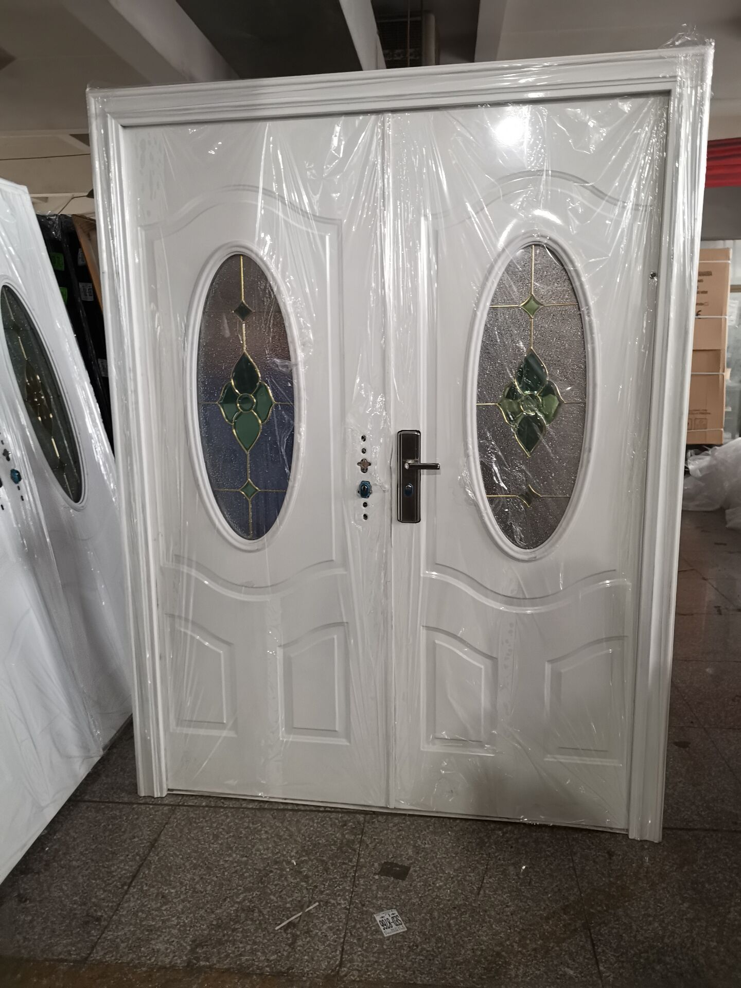 Security Door Modern Exterior Arched Double Iron Main Oval Stained Tempered Glass Entry Steel Front Entrance Door