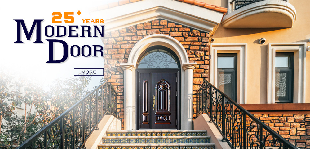 Security Door Modern Exterior Arched Double Iron Main Oval Stained Tempered Glass Entry Steel Front Entrance Door