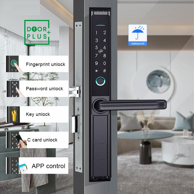 Doorplus Waterproof Digital Biometric Handle Fingerprint Smart Gate Lock Ttlock APP Zinc Alloy Sliding Smart Door Lock