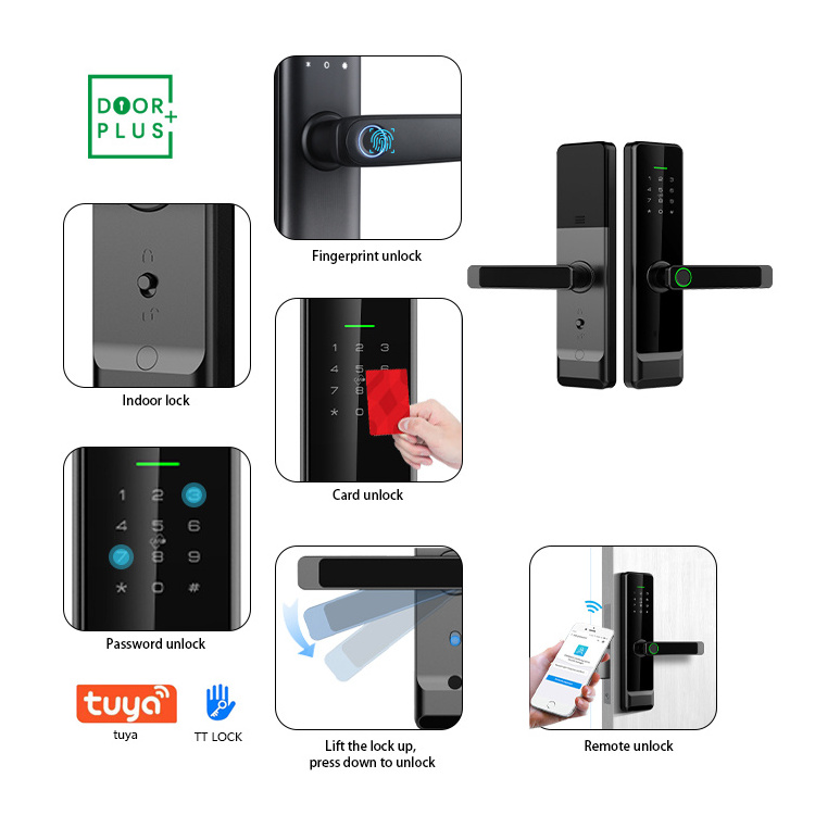 Doorplus High Security Electric Digital Rfid Card Fingerprint Nfc Smart Door Lock With Tuya App Smart Lock Door Handle