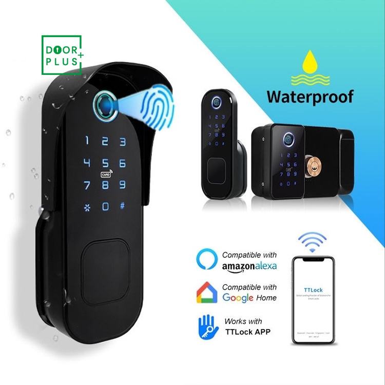 Doorplus Smart Home Waterproof Smart Electric Rim Lock with Tuya APP Control WIFI Outdoor Gate Door Fingerprint Smart Lock