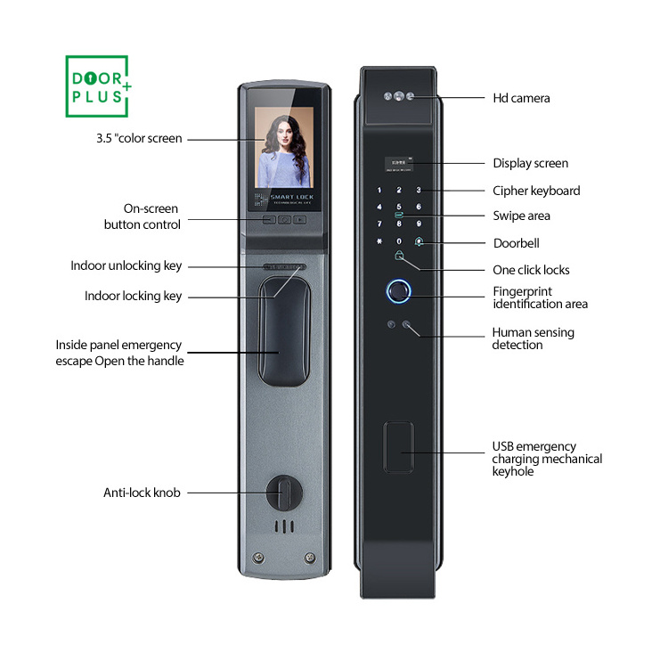 Doorplus Automatic Electronic Fingerprint Biometric Lock WIFI Smart Lock 3D Face Recognition Digital Door Lock With Camera