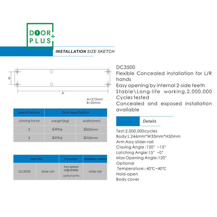 Doorplus Adjustable Power Hold-open CAM Cast Iron Concealed and Exposed Slide Rail Installation Door Closer