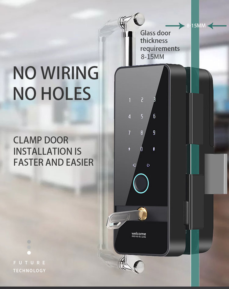 Doorplus Digital Glass Door Smart Lock Biometric Fingerprint Tuya App Key Card Password Wifi Smart Lock For Sliding Glass Door