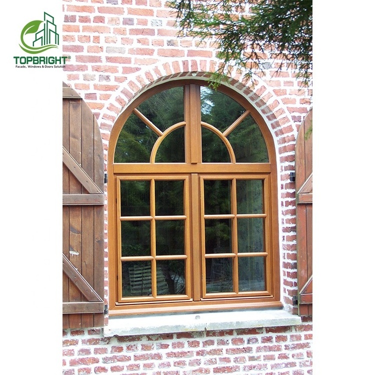 American hot style french window glass top round grid Aluminum Alloy arch swing out casement window