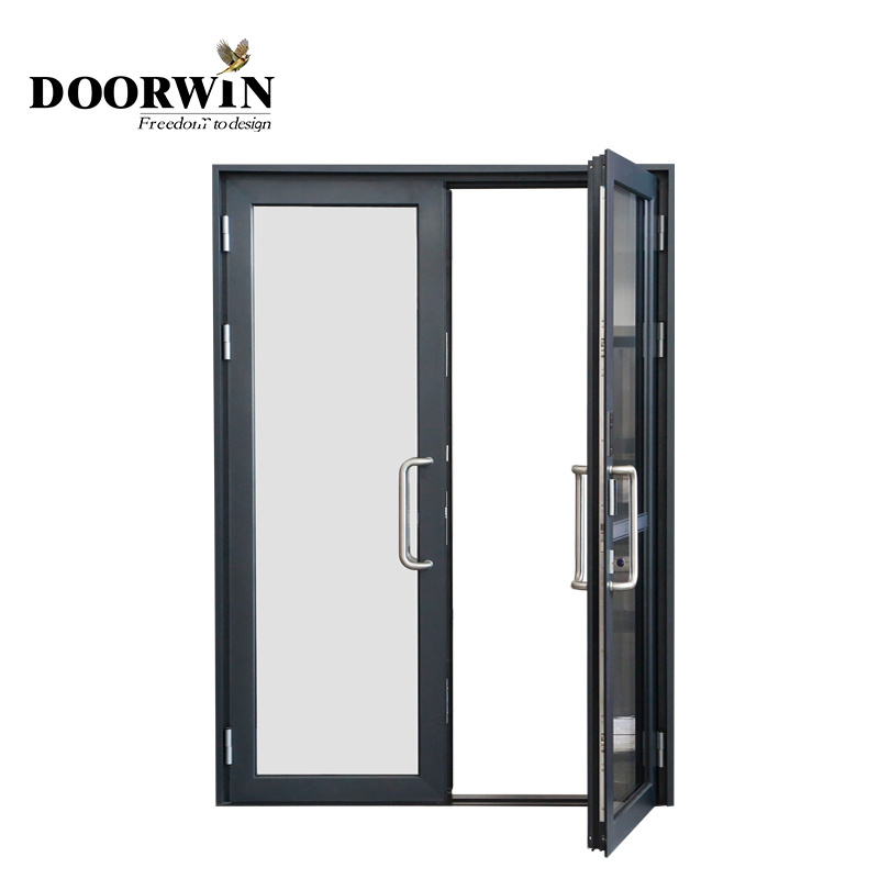 Doorwin Commercial Aluminum Soundproof Double Glass French Doors Floor Hinge Glass Door with Electronic Lock for Apartment