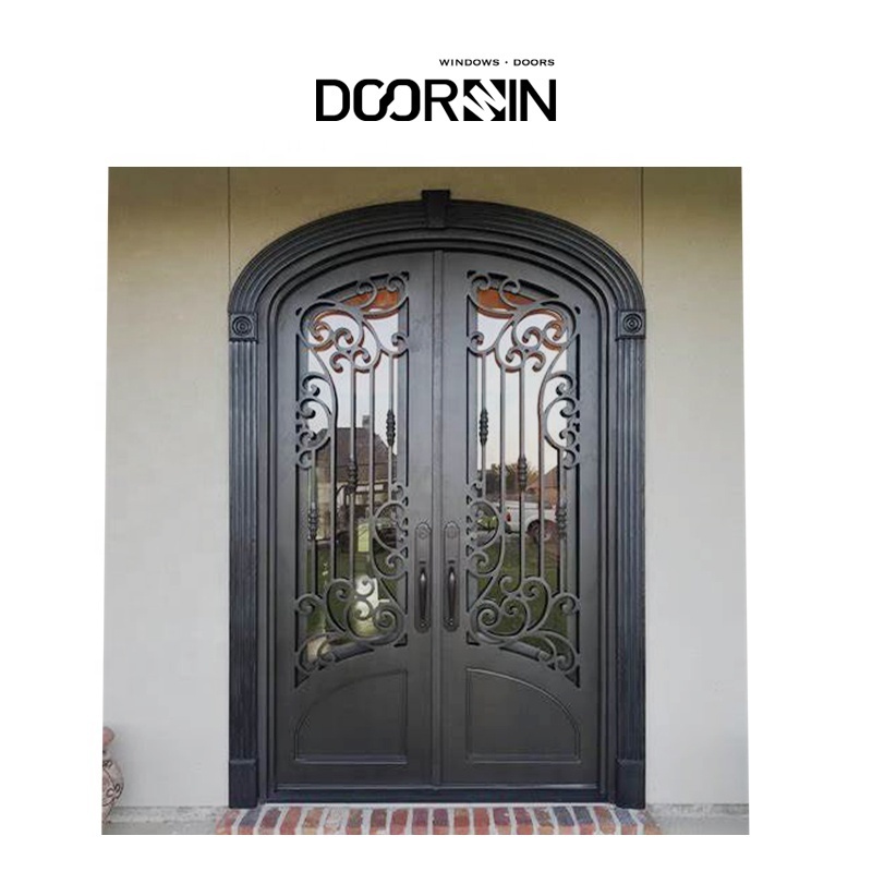 Doorwin Anti-theft Securityr Modern Front Entrance Wrought Iron Glass Door Exterior Front Double Entry Black Steel Doo