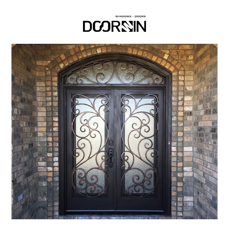 Doorwin Anti-theft Securityr Modern Front Entrance Wrought Iron Glass Door Exterior Front Double Entry Black Steel Doo