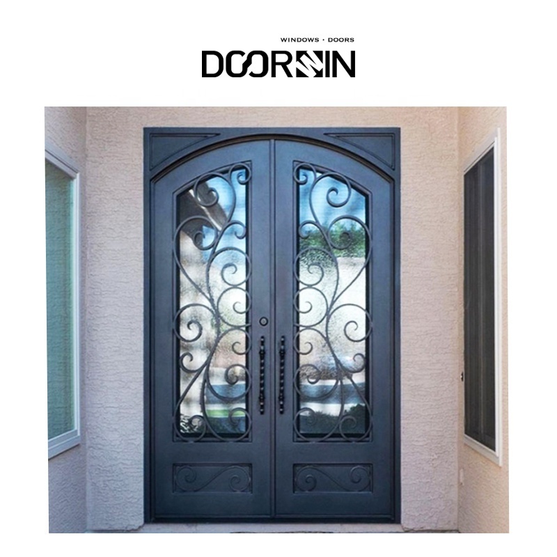 Cheap Security Exterior Front Double Entry Black Front Entrance Wrought Solid Iron Glass Door For House