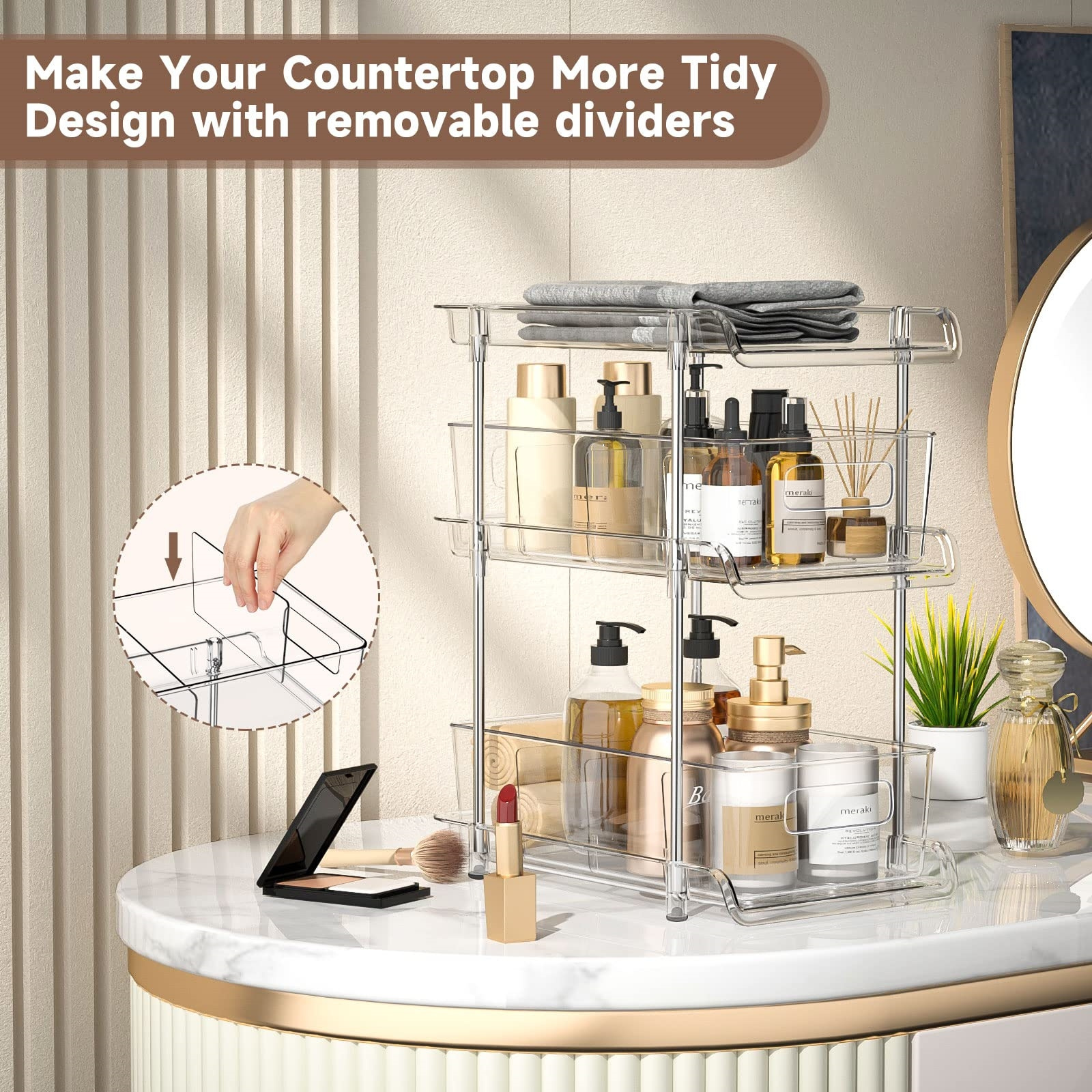 3 Tier Clear Bathroom Organizer with Dividers Pull-Out Pantry Organization Shelf Counter Organizer