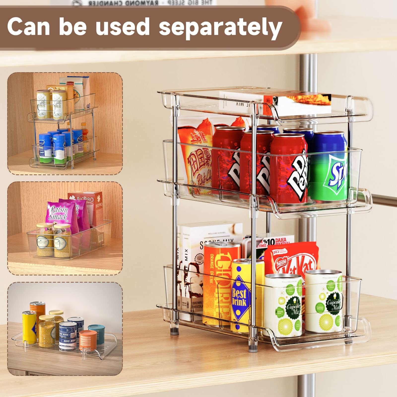 3 Tier Clear Bathroom Organizer with Dividers Pull-Out Pantry Organization Shelf Counter Organizer