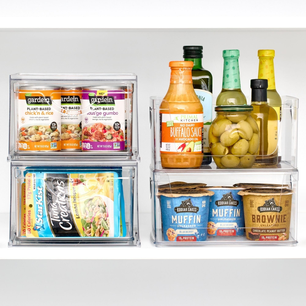 Plastic Stackable Open Front Cabinet and Pantry Storage Bin with Handles Clear Cube Storage Bins