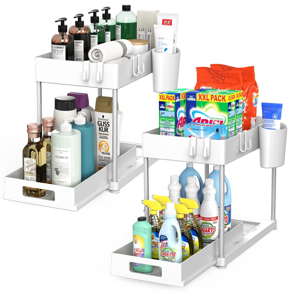 Pull Out Under Sink Organizer 2 Tier Multi Purpose Sink Storage Organizer with Hook