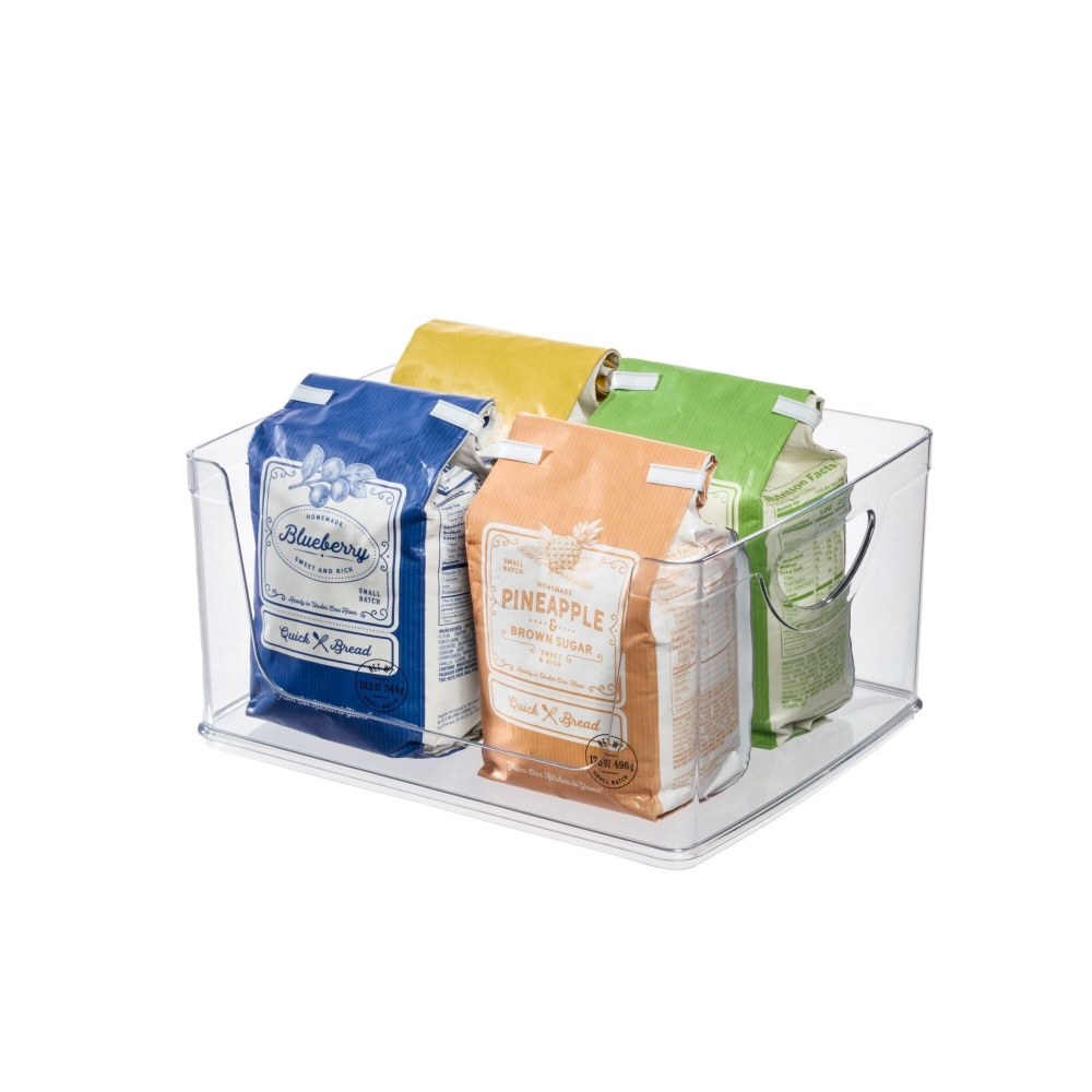 Plastic Stackable Open Front Cabinet and Pantry Storage Bin with Handles Clear Cube Storage Bins