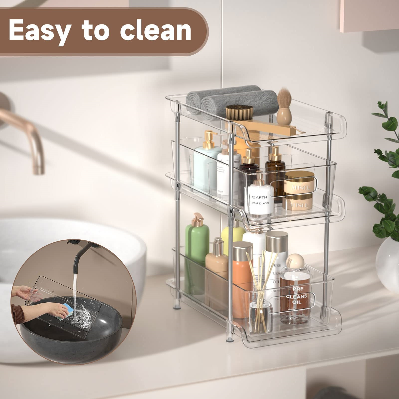 3 Tier Clear Bathroom Organizer with Dividers Pull-Out Pantry Organization Shelf Counter Organizer