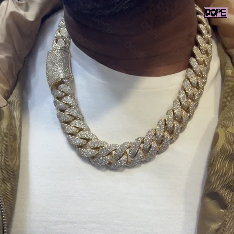 Hiphop Necklace 20mm 925 Sterling Silver Iced out Buss Down Gold Plated Heavy Miami Moissanite Cuban Chain