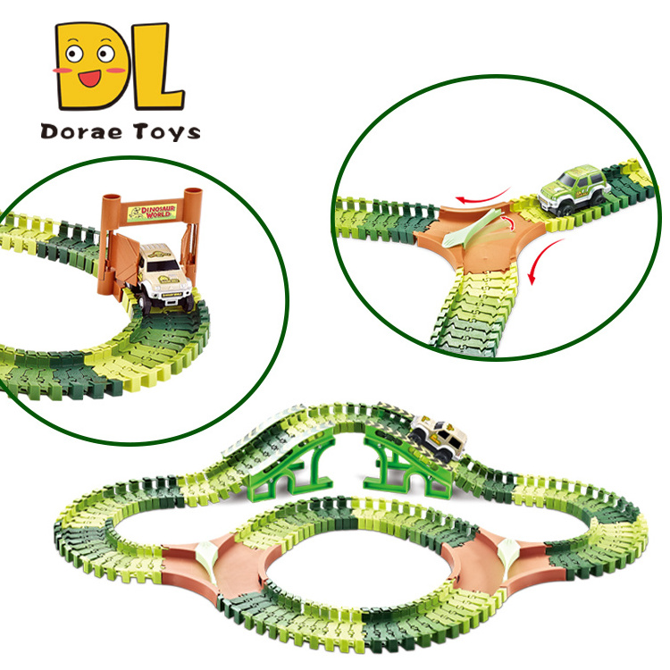 Dinosaur Train Toys 240PCS Race Car Tracks Flexible Track Playset With 2 Dinosaur Head Parts for Xams Gift