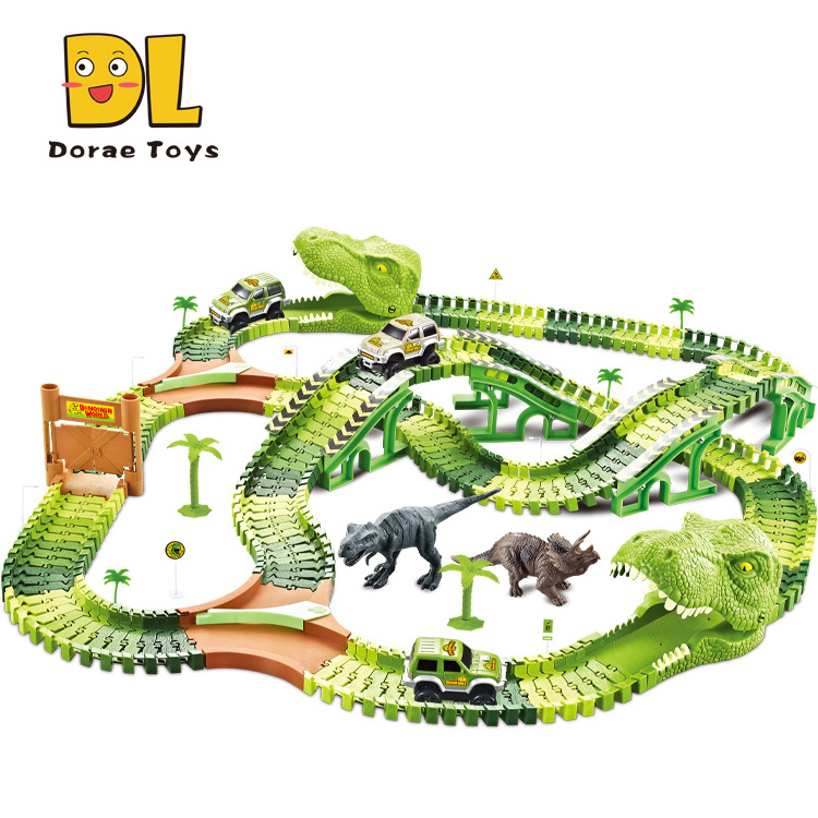 Dinosaur Train Toys 240PCS Race Car Tracks Flexible Track Playset With 2 Dinosaur Head Parts for Xams Gift