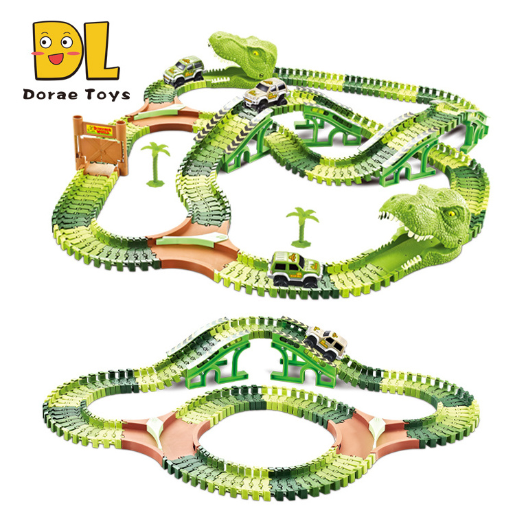 Dinosaur Train Toys 240PCS Race Car Tracks Flexible Track Playset With 2 Dinosaur Head Parts for Xams Gift