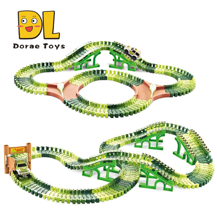 Dinosaur Train Toys 240PCS Race Car Tracks Flexible Track Playset With 2 Dinosaur Head Parts for Xams Gift