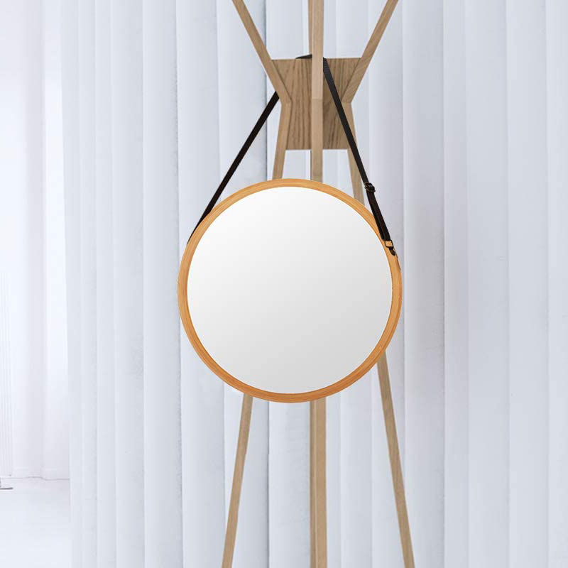 Hanging Round Wall Mirrors Solid Bamboo Frame Wooden Picture Frames Adjustable Leather Strap For Bathrooms