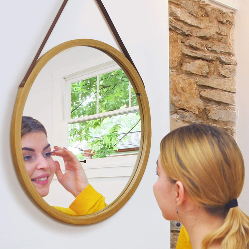 Hanging Round Wall Mirrors Solid Bamboo Frame Wooden Picture Frames Adjustable Leather Strap For Bathrooms