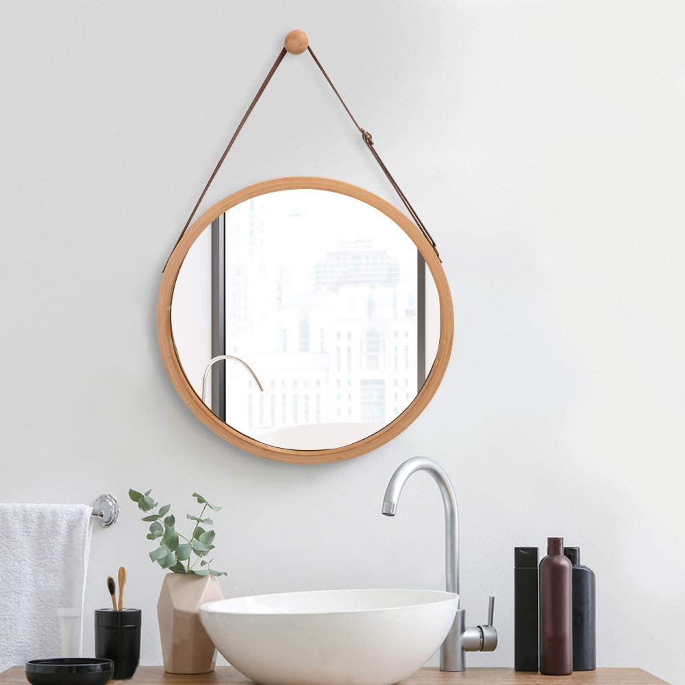 Hanging Round Wall Mirrors Solid Bamboo Frame Wooden Picture Frames Adjustable Leather Strap For Bathrooms