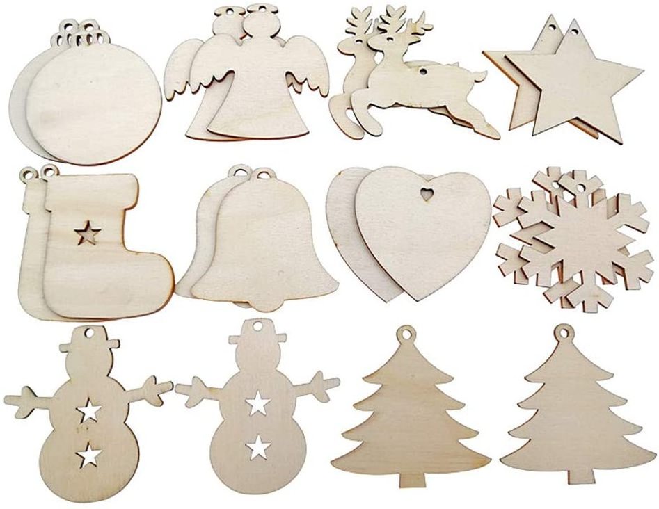 Custom Printing Christmas Ornaments Heart-shaped Bells Dog Paw Decorations Wholesale Small Wooden Love Europe Pine Wood Carved