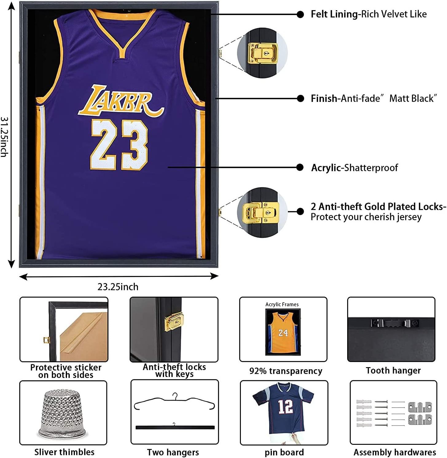 Jersey Display Frame Case Large Lockable Shadow Box Sports Jersey Frame with UV Protection Acrylic and 2 Hanger