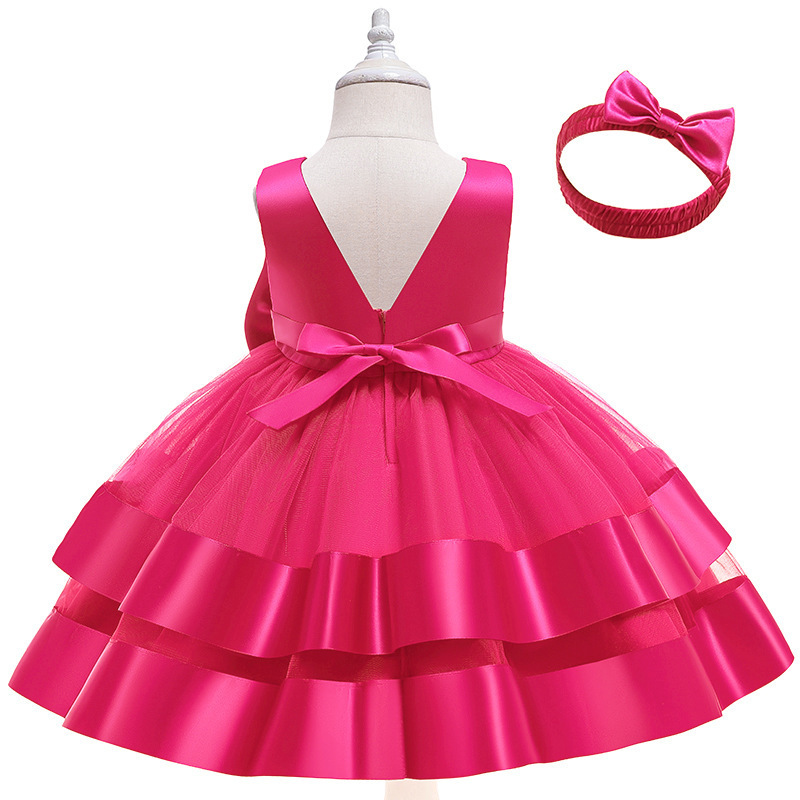 New Arrival Girls Sleeveless Double Layer Mesh Bow with Hair Band Party Dresses Girls Princess Dresses Performance Costume