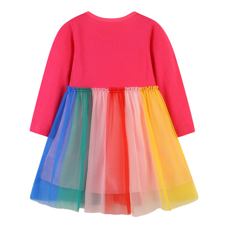 Sweet Rainbow Printed Mesh Girls Dresses Spring and Autumn Long Sleeve Colorful Girls Princess Dresses Girls Clothing Wholesale