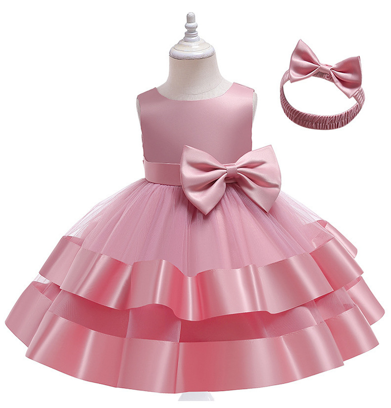 New Arrival Girls Sleeveless Double Layer Mesh Bow with Hair Band Party Dresses Girls Princess Dresses Performance Costume