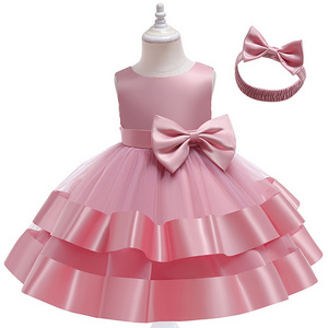 New Arrival Girls Sleeveless Double Layer Mesh Bow with Hair Band Party Dresses Girls Princess Dresses Performance Costume