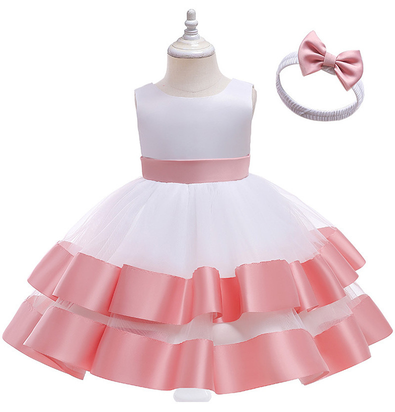 New Arrival Girls Sleeveless Double Layer Mesh Bow with Hair Band Party Dresses Girls Princess Dresses Performance Costume