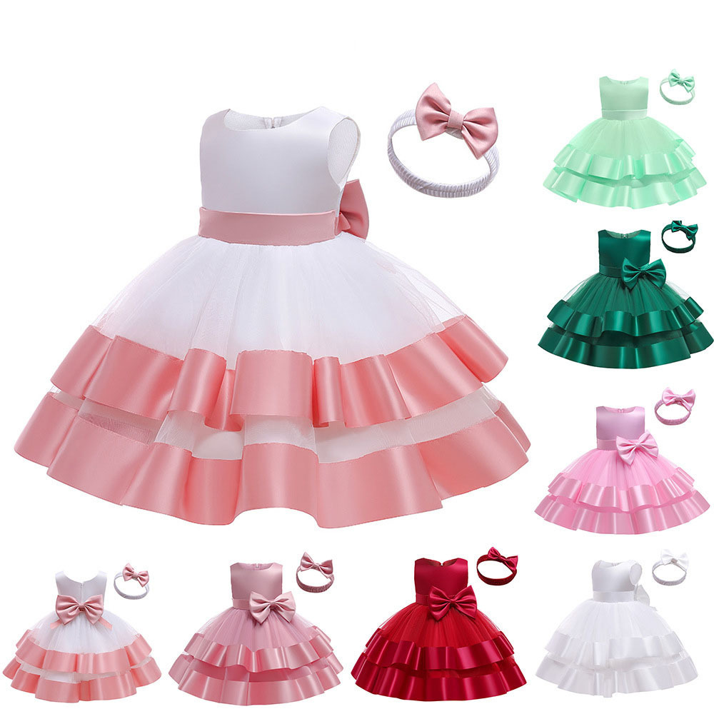 New Arrival Girls Sleeveless Double Layer Mesh Bow with Hair Band Party Dresses Girls Princess Dresses Performance Costume