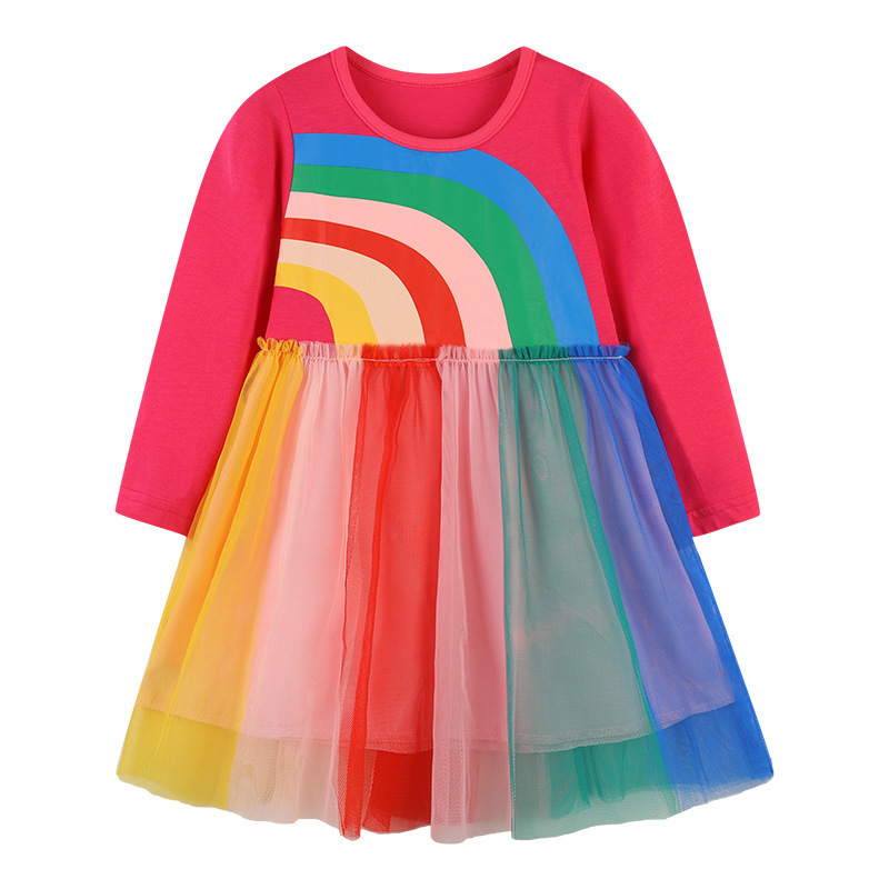 Sweet Rainbow Printed Mesh Girls Dresses Spring and Autumn Long Sleeve Colorful Girls Princess Dresses Girls Clothing Wholesale