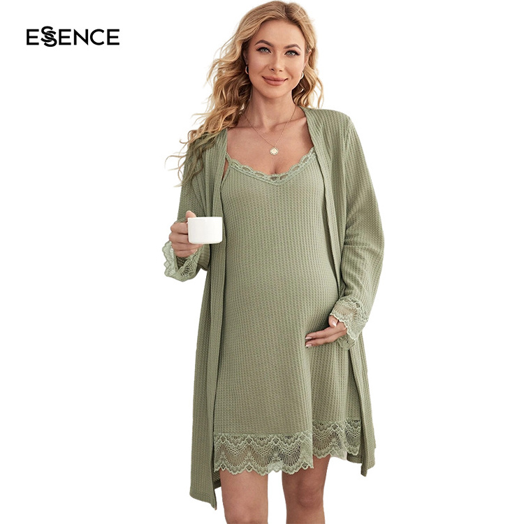 2023 Maternity Clothes Nursing Pregnant Loungewear Lace Trim Waffle Knit Cami Dress Robe Lounge Wear For Work