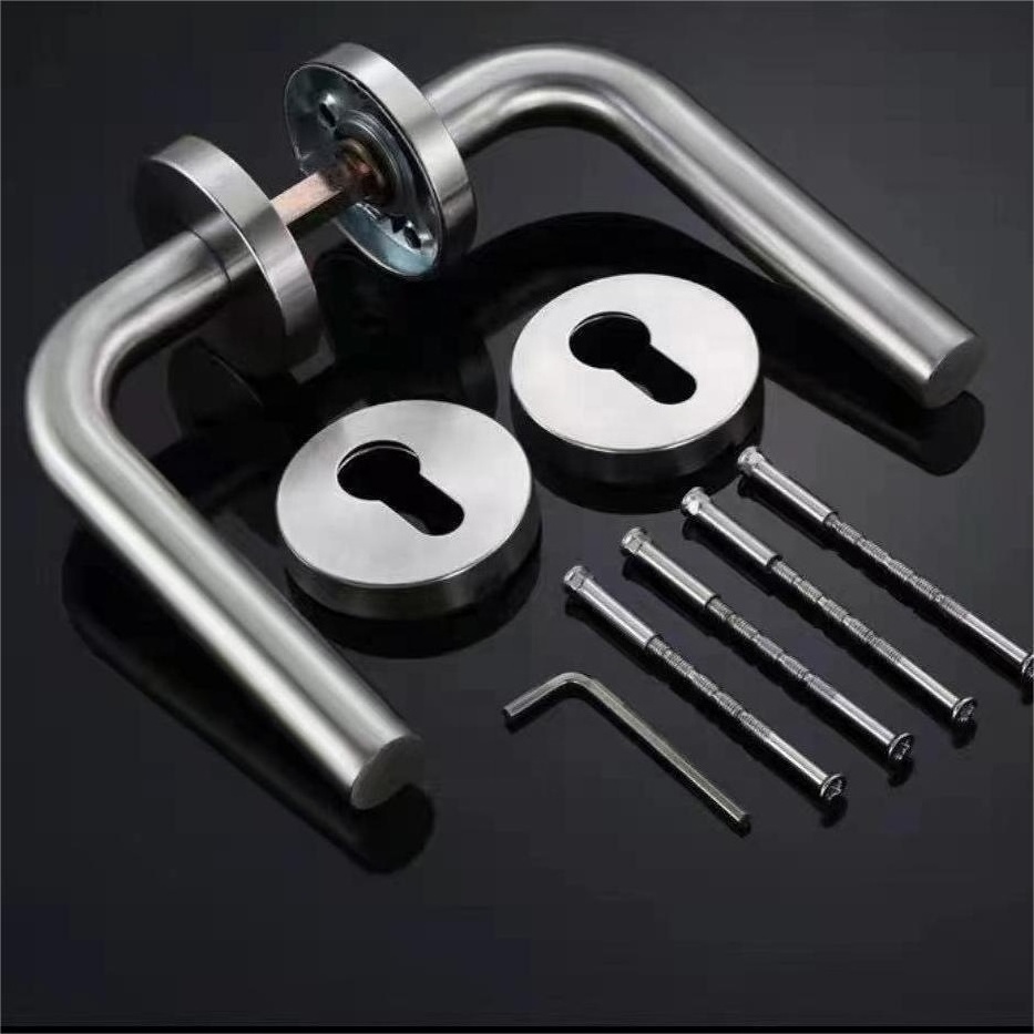 Euro Satin Hollow Pipe Lever 304 Stainless Steel Tube Door Handle with Privacy Latch for Interior Bathroom Wooden Door