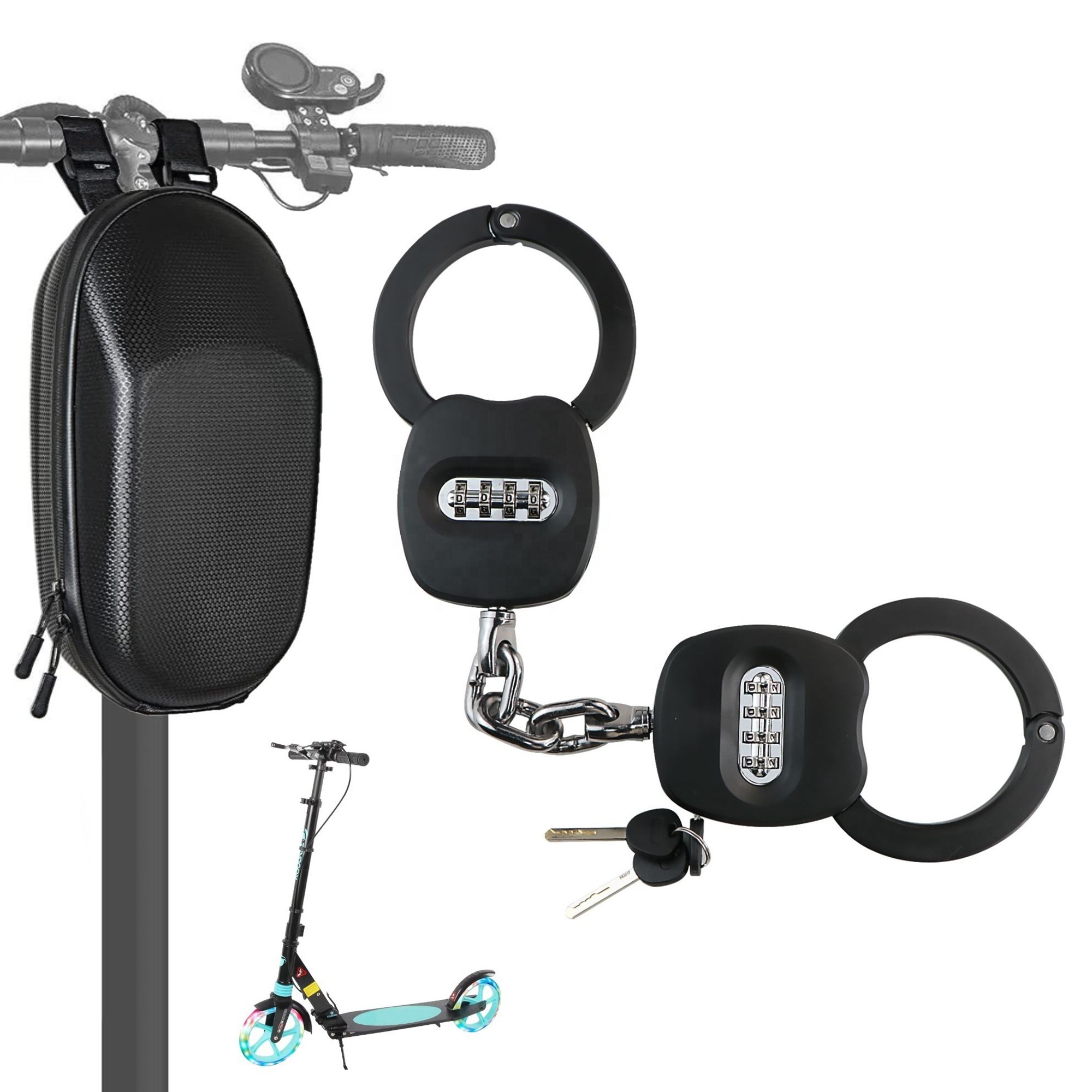 Heavy Duty Twins Anti Theft Waterproof Handcuff 4 Digit Combination Chain Lock with Bag for E-scooter E-Bike Bicycle Motorbike