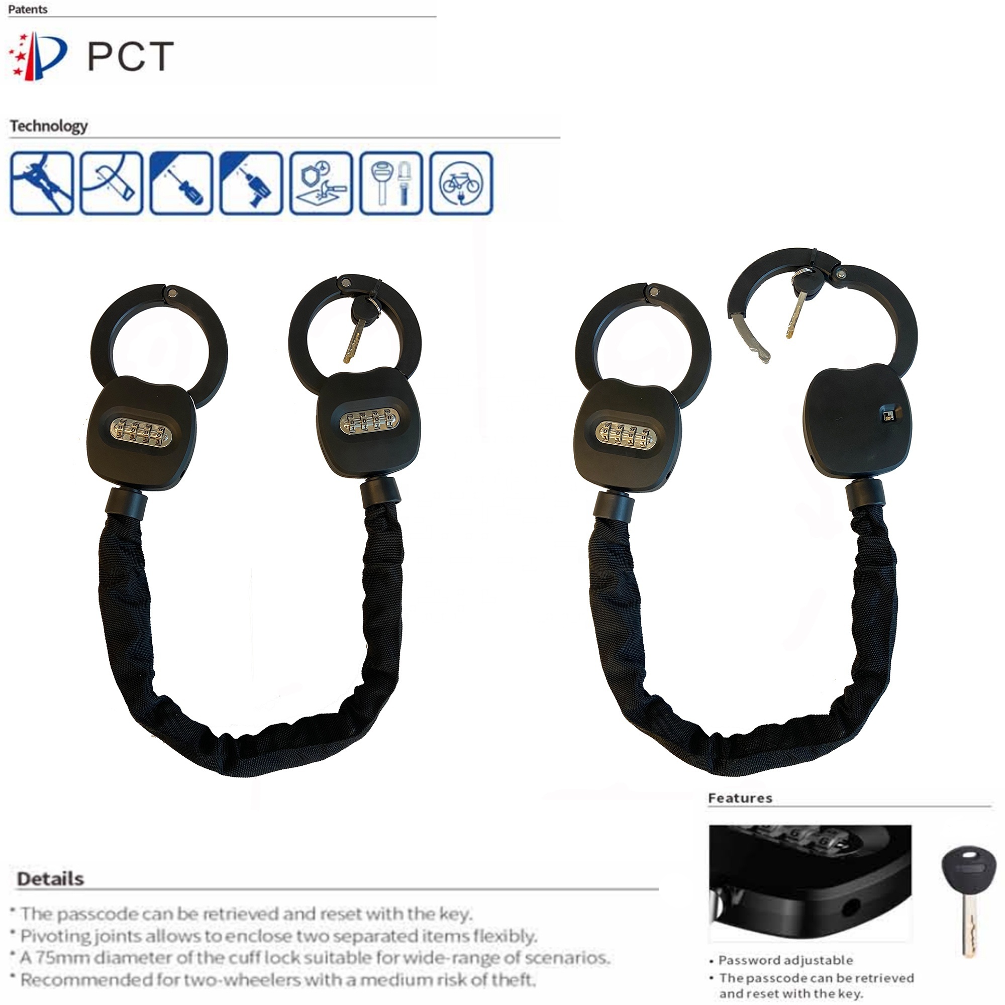 Heavy Duty Twins Anti Theft Waterproof Handcuff 4 Digit Combination Chain Lock with Bag for E-scooter E-Bike Bicycle Motorbike