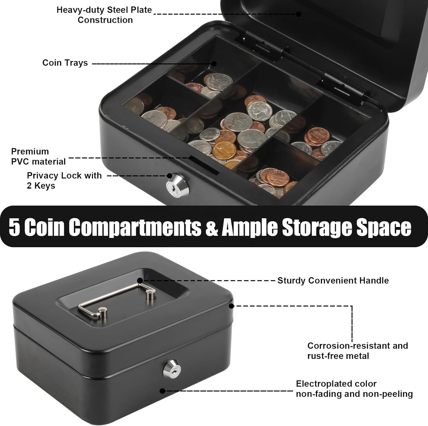 Cash Box Key Lock, Cash Box with Money Tray and Key Lock Large Safe Lock Box with Key,Portable Steel Money Saving Organizer for