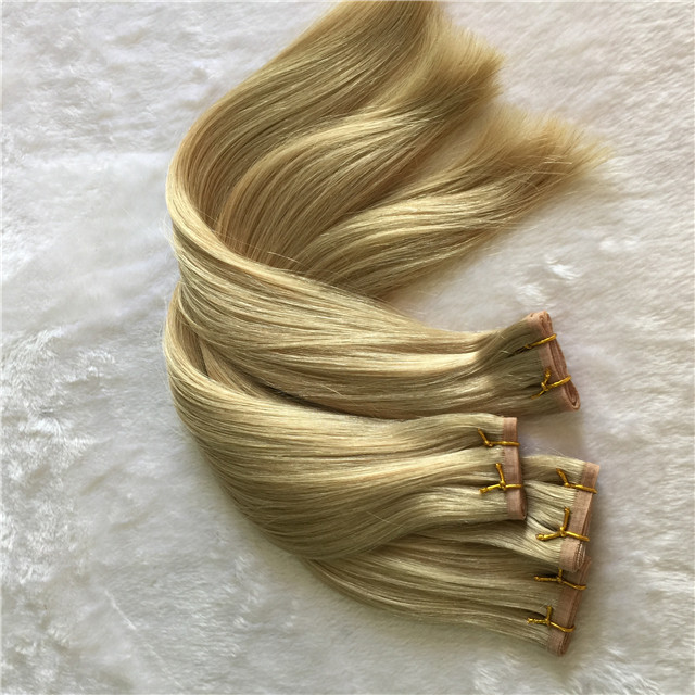 Double drawn blonde european virgin skin weft hair extensions seamless skin pu weft flat weft