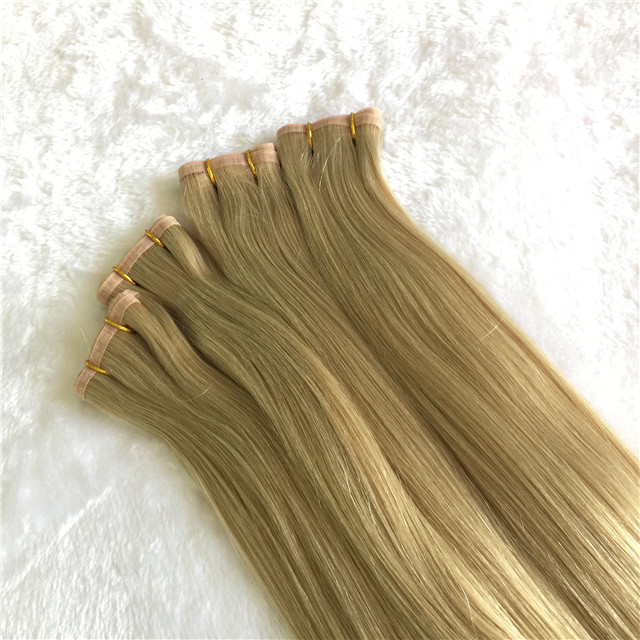 Double drawn blonde european virgin skin weft hair extensions seamless skin pu weft flat weft