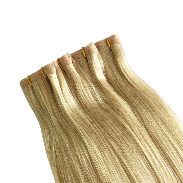 Double drawn blonde european virgin skin weft hair extensions seamless skin pu weft flat weft